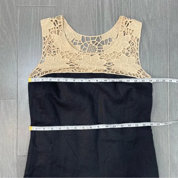 NWT LOFT Black Linen Shift Mini Dress Beige Crochet Lace Floral Neck Color Block - Picture 11 of 13